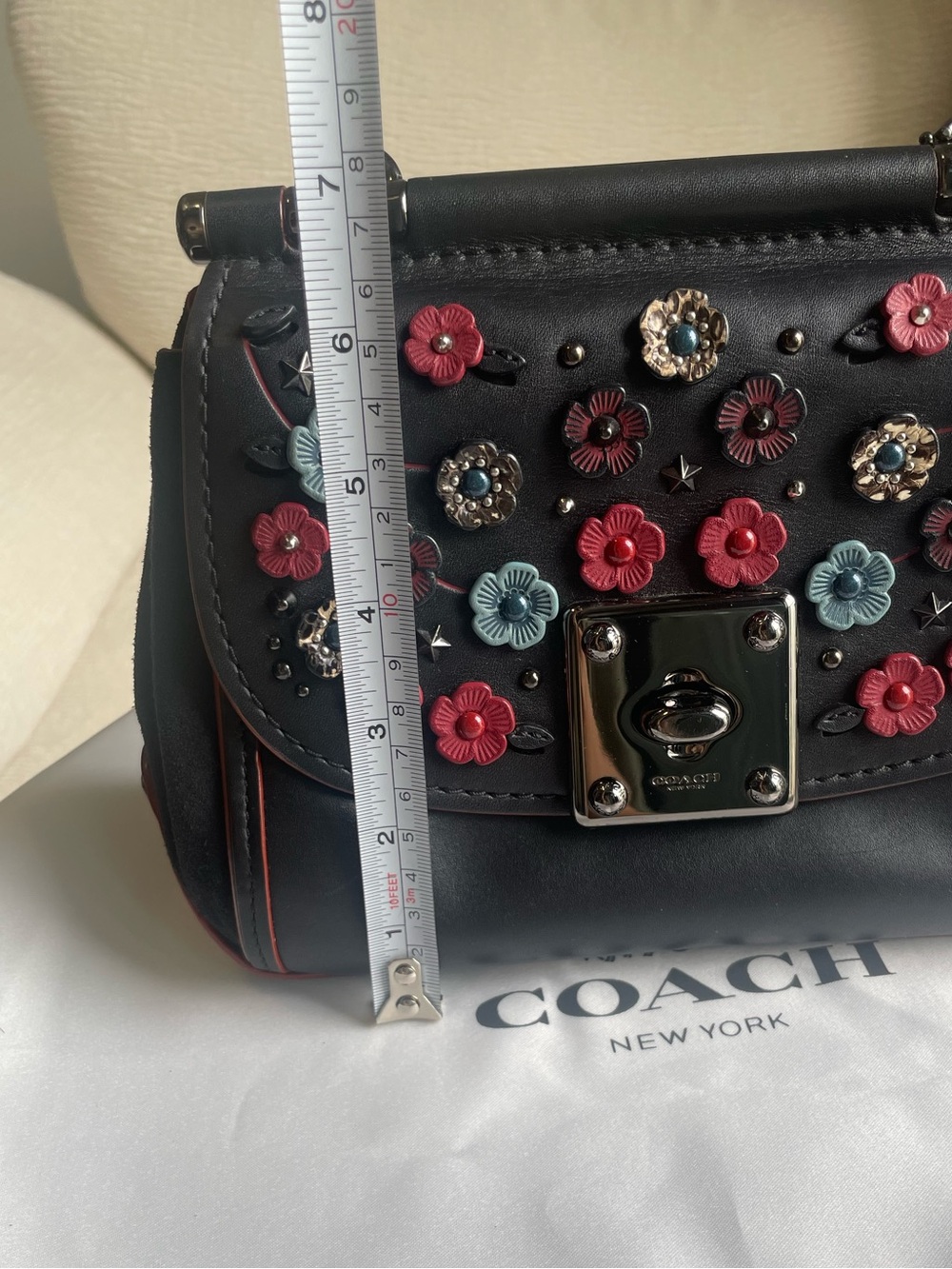 COACH Black Leather Tea Rose Drifter Crossbody with Pink & Blue Floral Appliqué - Picture 13 of 14